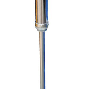 The Vestil Drum Pump Lever Action Steel 2 In Bung features a metallic hand pump with a long nozzle, red-tipped handle, and durable tubular steel body. Its simple design allows for easy manual operation and fits seamlessly into a 2-inch bung.