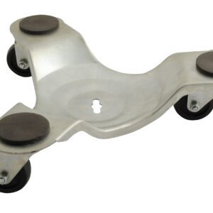 The Vestil Leg Dolly 300 Lb Capacity 12 X 10-3/4, made of silver metal, features four black swivel casters and round cushioned pads. With a keyhole slot at the center, it supports moving heavy objects with its dimensions of 12 x 10-3/4 inches.