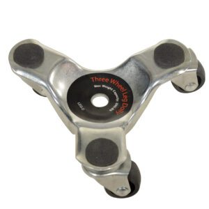 The Vestil Leg Dolly 200 Lb Capacity 6-3/8 X 5-3/4 features a triangular metal frame on three black rubber casters, non-slip pads at each corner, and a circular center label, making it perfect for easy mobility and stability.