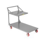 The gray Little Giant Platform Truck with Top Shelf is a versatile utility cart with red wheels, a smaller top shelf featuring a handle for easy maneuvering, and a larger bottom shelf. Its designed to transport items efficiently on four swivel casters.