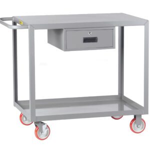 The gray metal Little Giant Welded Service Cart w/Drawer stands out with its red wheels, handy handle, secure lockable drawer beneath the top surface, and an additional lower shelf for storage.