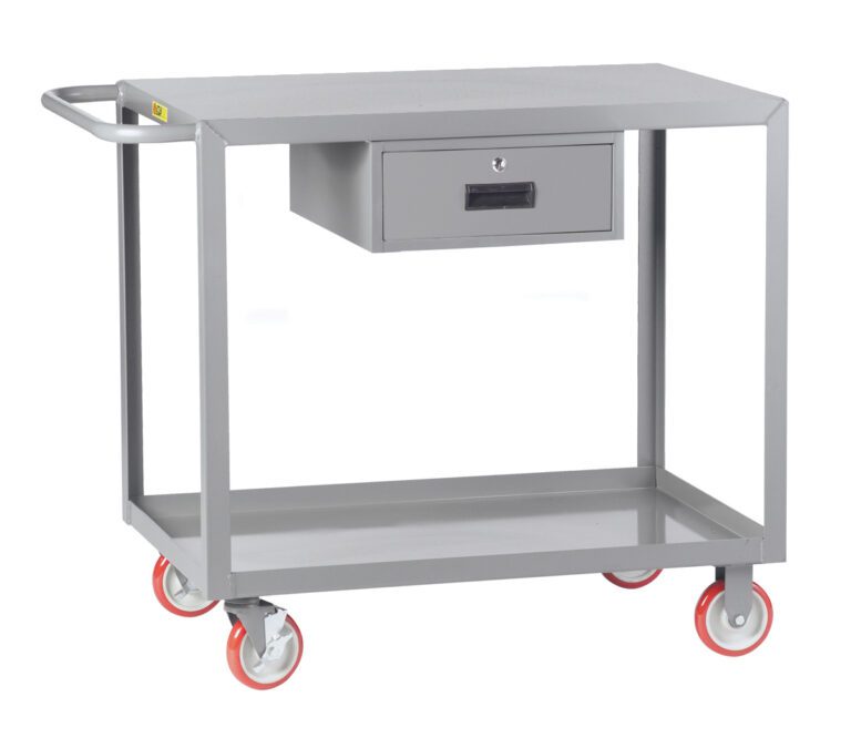 The gray metal Little Giant Welded Service Cart w/Drawer stands out with its red wheels, handy handle, secure lockable drawer beneath the top surface, and an additional lower shelf for storage.