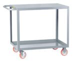 The Little Giant Welded Service Cart is a metal utility cart with a flat top and bottom shelf, sturdy gray side frames, and four red and gray swivel wheels. It features a handle for easy maneuverability.
