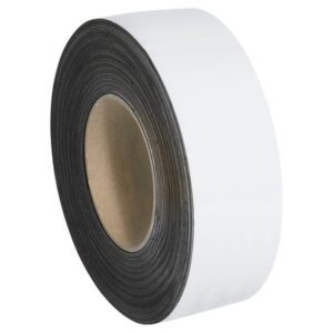A large roll of white adhesive tape with a visible brown cardboard core, showing numerous layers wrapped neatly. Its smooth, glossy finish resembles MH-USA 2 x 50 White Warehouse Labels Magnetic Rolls used to enhance labeling systems.