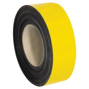 An MH-USA 2 x 50 yellow magnetic roll, resembling warehouse labels with a black edge, is displayed. It is tightly wound around a cardboard core and stands vertically against a plain background.