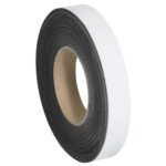 A white roll of adhesive tape with a black edge and a cardboard core is displayed on a plain white background, echoing the clean simplicity of MH-USA 1 x 100 White Warehouse Labels Magnetic Rolls.