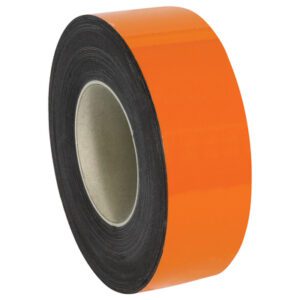 A roll of MH-USA 2 x 100 orange magnetic labels for warehouse use, with a shiny, reflective surface and visible black side edge, standing upright on a white background.