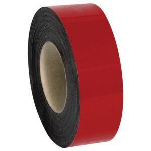 A roll of MH-USA 2 x 100 red warehouse labels, resembling adhesive tape with a dark black edge, is displayed on a white background and coiled around a sturdy cardboard core.