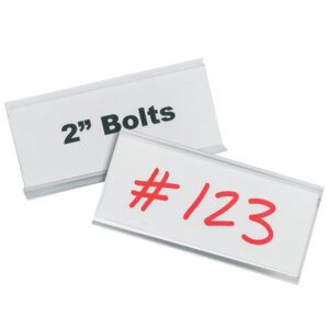Two white signage cards fit into 3 x 1 5/16 Angled Wire-Rac™ Snap-On Label Holders (25/Case); the top reads 2 Bolts in bold black, and the bottom shows #123 in vivid red. Their angled placement on a white background attracts attention.