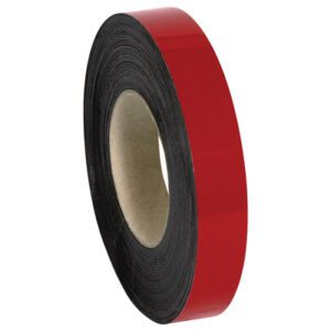A coil of MH-USA 1 x 100 Red Warehouse Labels - Magnetic Rolls is elegantly showcased on a white background, with its cardboard core visible at the center, resembling precision-engineered magnetic rolls.