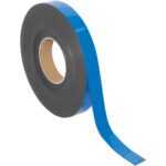 A blue adhesive tape roll unwinds to show its dark side, resembling a magnetic roll from the MH-USA 1 x 100 - Blue Warehouse Labels - Magnetic Rolls collection, elegantly set against a white background.