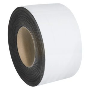 A thick, circular roll of MH-USA 3 x 100 White Warehouse Labels - Magnetic Rolls with a dark inner lining is displayed on a white background, tightly wound around a cardboard core.