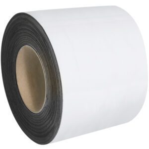 A large roll of MH-USA 4 x 100 - White Warehouse Labels Magnetic Roll with a black underside is pictured on a plain white background, with the inner cardboard core clearly visible.