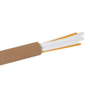 A brown cylindrical container partially reveals several 1 x 36 Slip-Strip™ Label Holder Strips (6/Case), with their white and yellow-tipped bodies elegantly emerging against a stark white background.