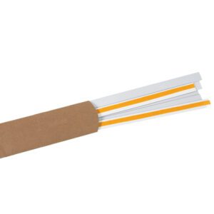Thin, elongated strips, labeled as 1 x 48 Slip-Strip™ Label Holder Strips (6/Case), emerge neatly from a brown paper sleeve. The white and orange strips are arranged in parallel, with the orange ones interspersed for a striking visual effect.