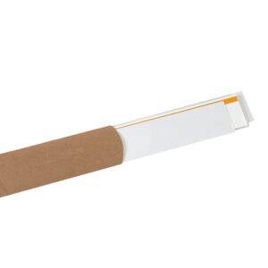 A partially opened brown cardboard tube reveals the 3 x 48 Slip-Strip™ Label Holder Strips (6/Case) with several rolled white sheets and a small orange strip visible at the edge, slightly protruding from the tube.