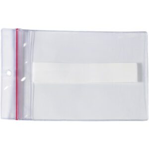 The 9 x 12 Super-Scan® Press-On Vinyl Envelope is transparent, has a red zip closure, and includes a small punched hole on the left. It is reclosable and comes in a set of 25 per case.