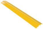 The 60-inch yellow Vestil Alum Hose/Cable Crossover is a durable urethane protector with a textured surface, safeguarding cables in traffic areas. Its long, narrow design and angled sides enhance stability.