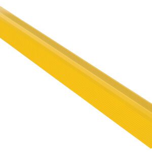 The 60-inch yellow Vestil Alum Hose/Cable Crossover is a durable urethane protector with a textured surface, safeguarding cables in traffic areas. Its long, narrow design and angled sides enhance stability.