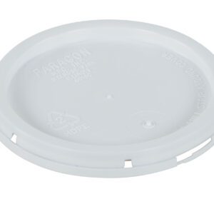 The Vestil Tear-Tab Lid For 1 Gallon Pail White, designed with embossed text and recycling symbols on white plastic, features a smooth surface and small slots along the edge for secure sealing and ease of use.