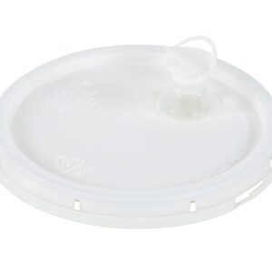 The Vestil Spout-Top Lid W/Tear Tab-2 Gallon White is a plastic lid for 2-gallon containers, featuring a central pull-tab, embossed text, and a recycling symbol. Its circular design and small edge notches ensure it fits securely on drink cups.