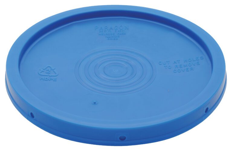 The Vestil Standard Lid for 3.5, 5, 6 Gal Pail Blue features raised text and symbols like recycling and HDPE indicators. This blue plastic lid has concentric circles and a cut at holes to remove cover instruction for easy handling across various applications.