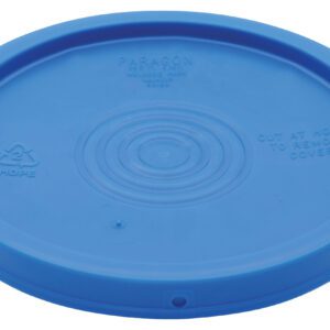 The Vestil Standard Lid for 3.5, 5, 6 Gal Pail Blue features raised text and symbols like recycling and HDPE indicators. This blue plastic lid has concentric circles and a cut at holes to remove cover instruction for easy handling across various applications.