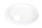 The Vestil Spout-Top Lid-Natural-3.5, designed for 6 Gal containers, is a white circular plastic lid with a small pull-tab opening, displayed on a plain white background. It features raised circular patterns and a slightly textured surface.