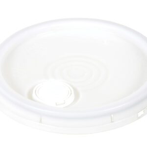 The Vestil Spout-Top Lid-Natural-3.5, designed for 6 Gal containers, is a white circular plastic lid with a small pull-tab opening, displayed on a plain white background. It features raised circular patterns and a slightly textured surface.