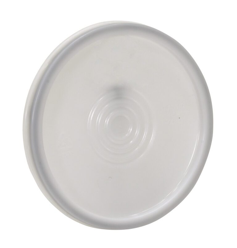 The Vestil 5-Gal Pail Lid - Standard - Natural is a white, round plastic cover with a textured circular pattern at its center, providing a standard fit.