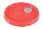 The Vestil Spout-Top Lid in red, designed for 3.5 to 6-gallon containers, features a circular plastic build with concentric ridges, an embossed recycling symbol, text, and a gray tab near the top-right edge for enhanced durability and functionality.