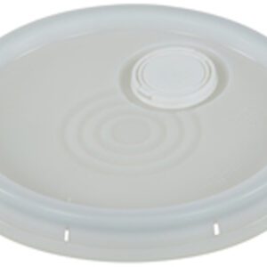 The Vestil Spout-Top Lid for 3.5, 5, and 6 Gal features a circular design with a detachable section for pouring or ventilation. Made from white plastic, it has a smooth texture with small indents around the edge for secure attachment.