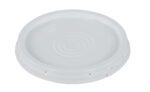 The Vestil Tear-Tab Lid for 3.5, 5, and 6-gal containers is a round, white plastic lid featuring ridged edges, slight indentations on top, and embossed brand and recycling symbols.