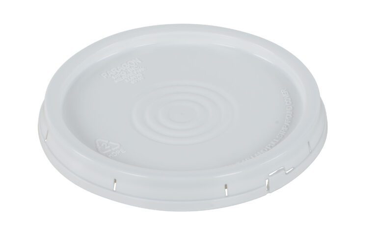 The Vestil Tear-Tab Lid for 3.5, 5, and 6-gal containers is a round, white plastic lid featuring ridged edges, slight indentations on top, and embossed brand and recycling symbols.