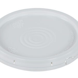 The Vestil Tear-Tab Lid for 3.5, 5, and 6-gal containers is a round, white plastic lid featuring ridged edges, slight indentations on top, and embossed brand and recycling symbols.