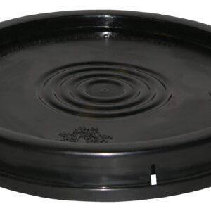 The Vestil Standard Lid, designed for 3.5, 5, and 6-gallon containers, is black with a flat circular surface featuring central ridges and edge slits for secure attachment.