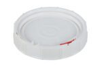 The Vestil Lid for Screw Top Pail (12.75X12.75X2.5) is a white, round plastic lid with ribbed edges and a twist-lock design, featuring a smooth, slightly raised center and an internal red tab for secure closure.