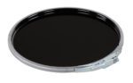 A Vestil Un-Rated Lever Lock Steel Lid 5Gal Black is round and sturdy, containing a glossy black liquid. It features a secure latch on one side and a raised rim around the edge.