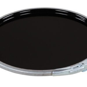 A Vestil Un-Rated Lever Lock Steel Lid 5Gal Black is round and sturdy, containing a glossy black liquid. It features a secure latch on one side and a raised rim around the edge.