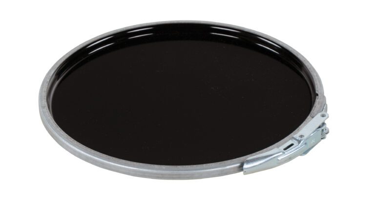Vestil lever lock steel lid with rubber gasket, UN-rated for 5-gallon pails, hot or cold use.