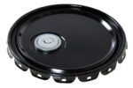 A black plastic round object, similar to the Vestil Un Rated Spout Top Steel Lid 5 Gal Black, has a central circle with a transparent cover. The edge is adorned with evenly spaced notches, and it sits gracefully on a white background.
