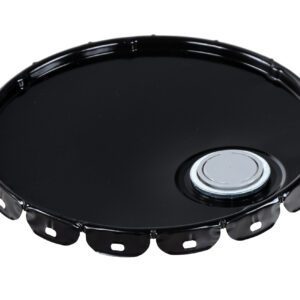 The Vestil Spout Top Steel Lid 5 Gallon Black is a round metal lid with serrated edges and a silver cap valve at the center-right, designed for secure sealing on 5-gallon drums. It is displayed against a white background.