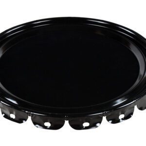 A side view of the Vestil Un Rated Steel Lid 5 Gallon Black displays a slightly domed shape and perforated edge for tray attachment, with its glossy surface reflecting light and emphasizing its smooth texture.