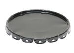 The Vestil Standard Steel Lid 5 Gallon Black is a round metal lid with a flat surface, designed for a 5-gallon container. It has evenly spaced notches and holes along the rim, set against a white background.