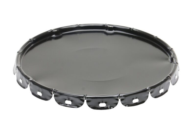 The Vestil Standard Steel Lid 5 Gallon Black is a round metal lid with a flat surface, designed for a 5-gallon container. It has evenly spaced notches and holes along the rim, set against a white background.