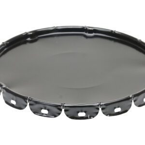 The Vestil Standard Steel Lid 5 Gallon Black is a round metal lid with a flat surface, designed for a 5-gallon container. It has evenly spaced notches and holes along the rim, set against a white background.