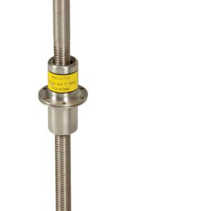 The Vestil Leveling Jack (26-Inch) is stainless steel with a threaded rod, round base, adjustable arm with top knob, and features a yellow label on its vertical component.