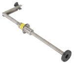 This 30-inch stainless steel valve assembly resembles the Vestil Leveling Jack and features a long threaded rod, flanges on both ends, a rotating handle, and a central yellow label. Its likely part of a mechanical or plumbing system.