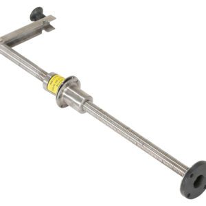 This 30-inch stainless steel valve assembly resembles the Vestil Leveling Jack and features a long threaded rod, flanges on both ends, a rotating handle, and a central yellow label. Its likely part of a mechanical or plumbing system.