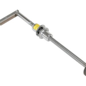 The Vestil Leveling Jack Polished Chrome 30 In is a sleek metal tool featuring a 30-inch threaded rod with a handle and flat base, perfect for aligning or adjusting in mechanical settings.